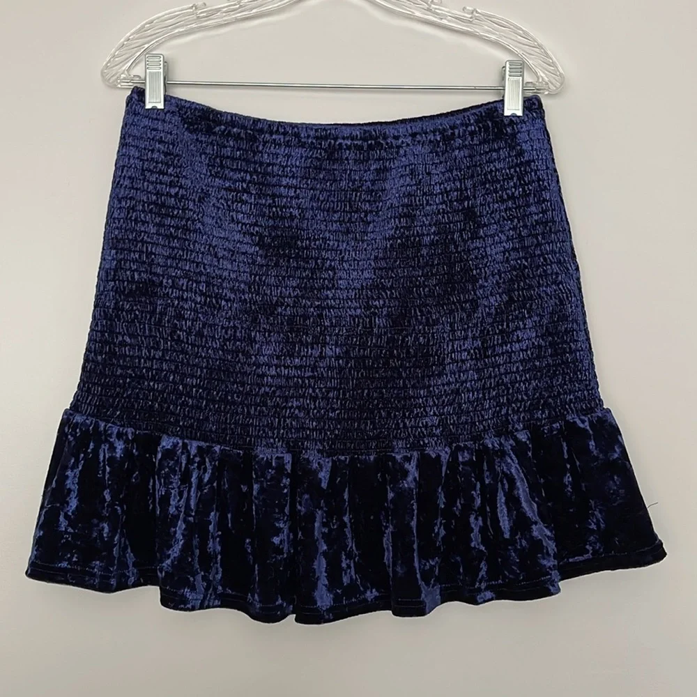 Aqua Velvet Smocked Ruffled Flounce Mini Skirt Navy Size L - Picture 4 of 10